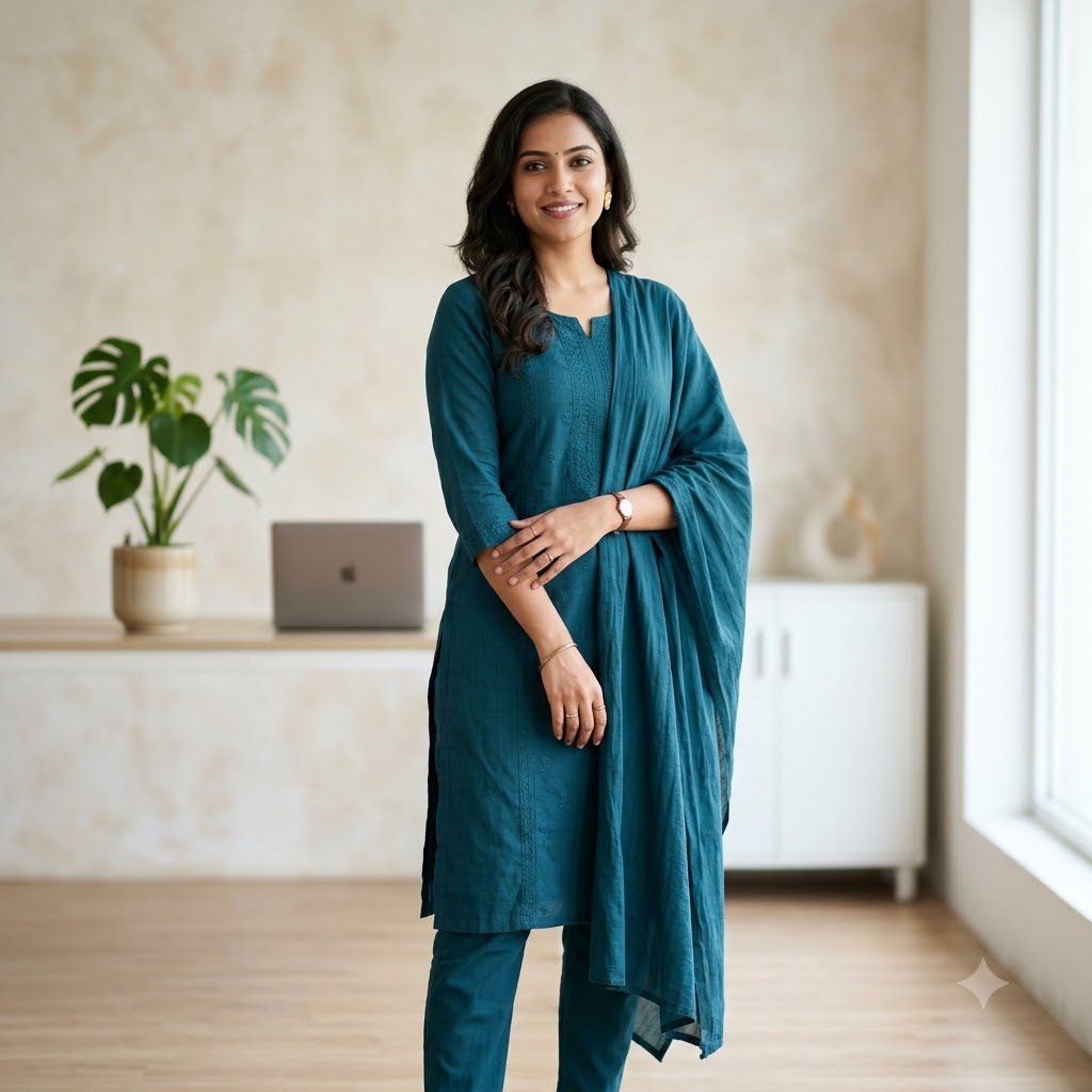 Woman wearing cotton cambric suit from Cambrica