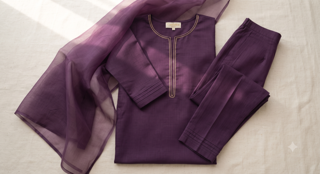 Cambrica ready-to-wear suit made from cotton cambric fabric