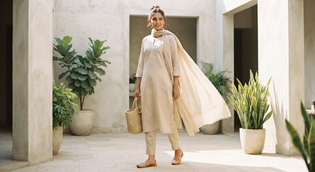  Lifestyle shot of someone wearing a light-coloured cotton suit outdoors or in a bright setting 