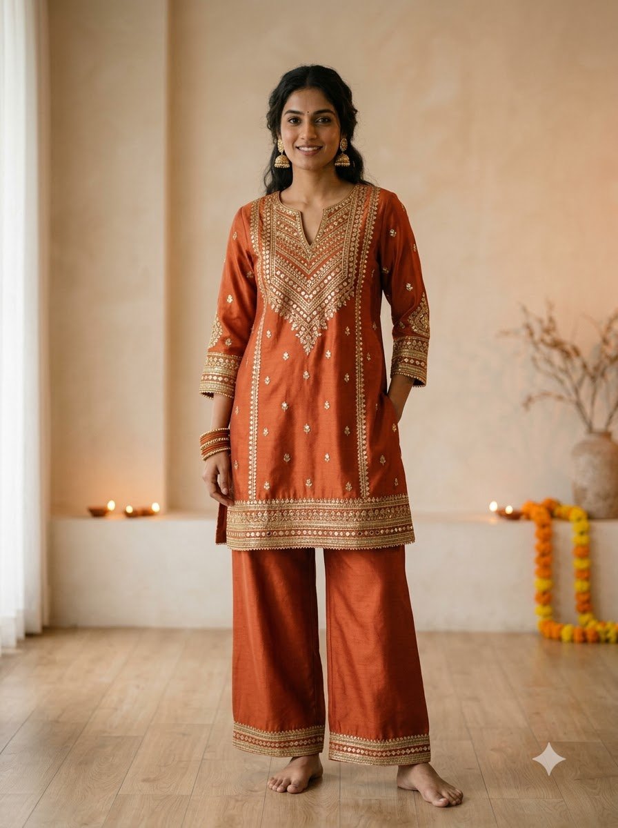 Orange Rust Tailored Cambric Cotton Festive Co-ord Set